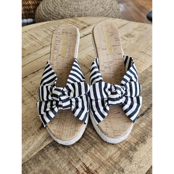 Chico's Blue White Striped Wedges Mules/Slides Size 8 Coastal Nautical Beach - Picture 3 of 10